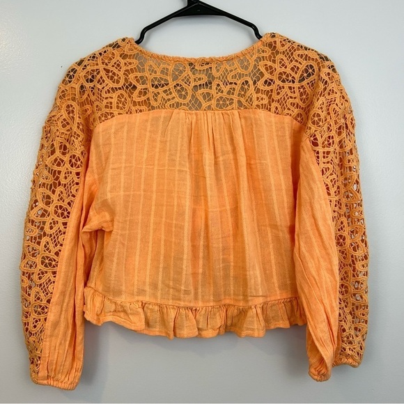 NWT American Eagle Sherbet Orange Crochet Cropped Ruffle Tie Blouse Size Small - Picture 2 of 9